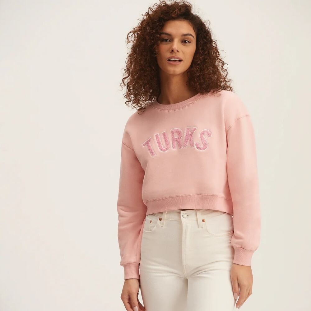 Okaicos Turks Pink Crop Sweatshirt Chenille Embroiderey Size Large EUC Beach